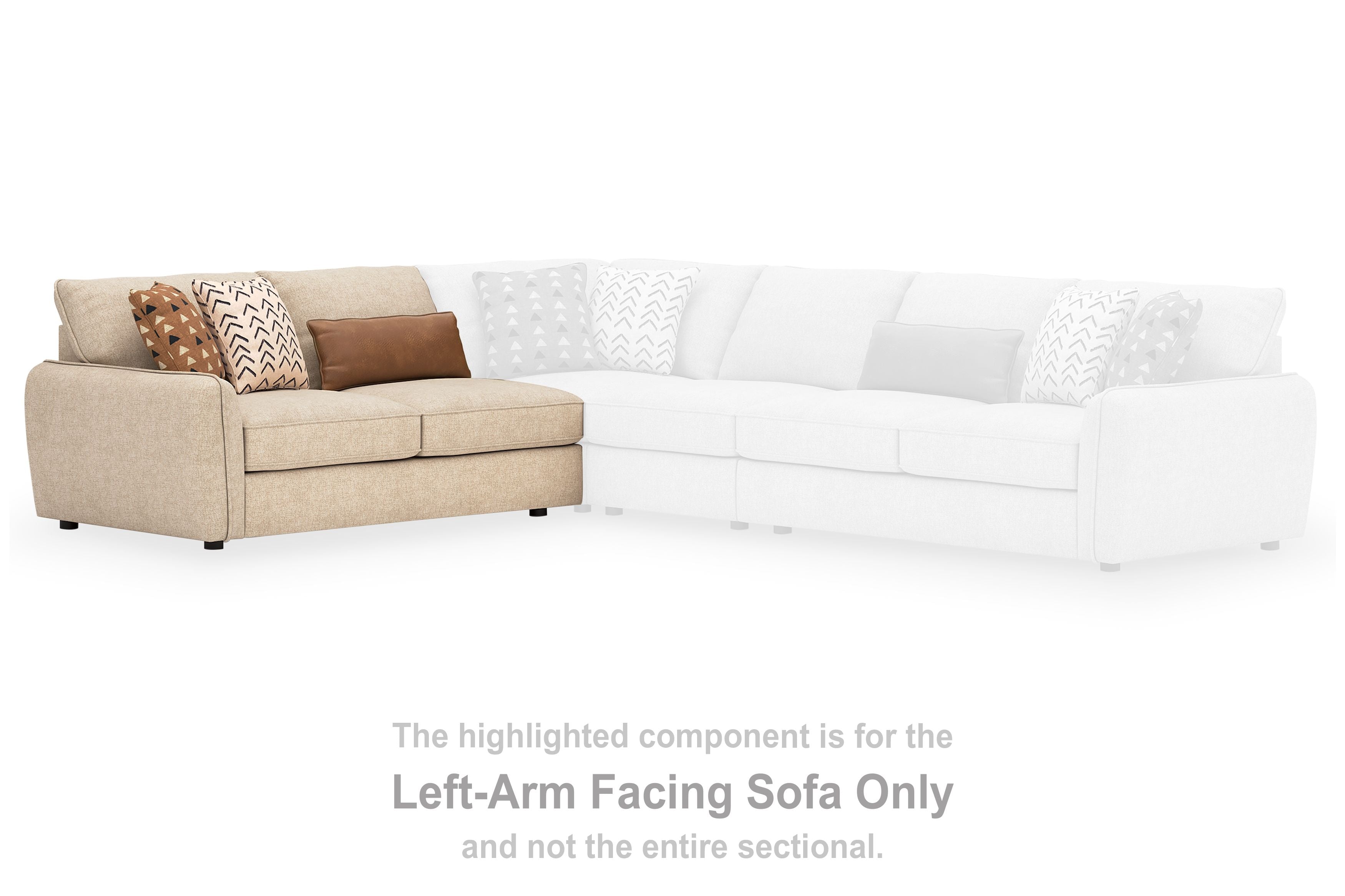 Left-arm facing sand sofa section with decorative pillows, upholstered in light beige fabric.