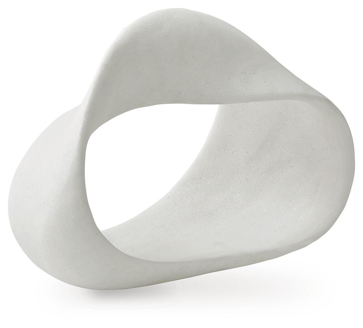 White abstract sculpture with a circular cutout, smooth stone-like finish.