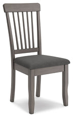 Gray dining room side chair with tall slat back and upholstered seat