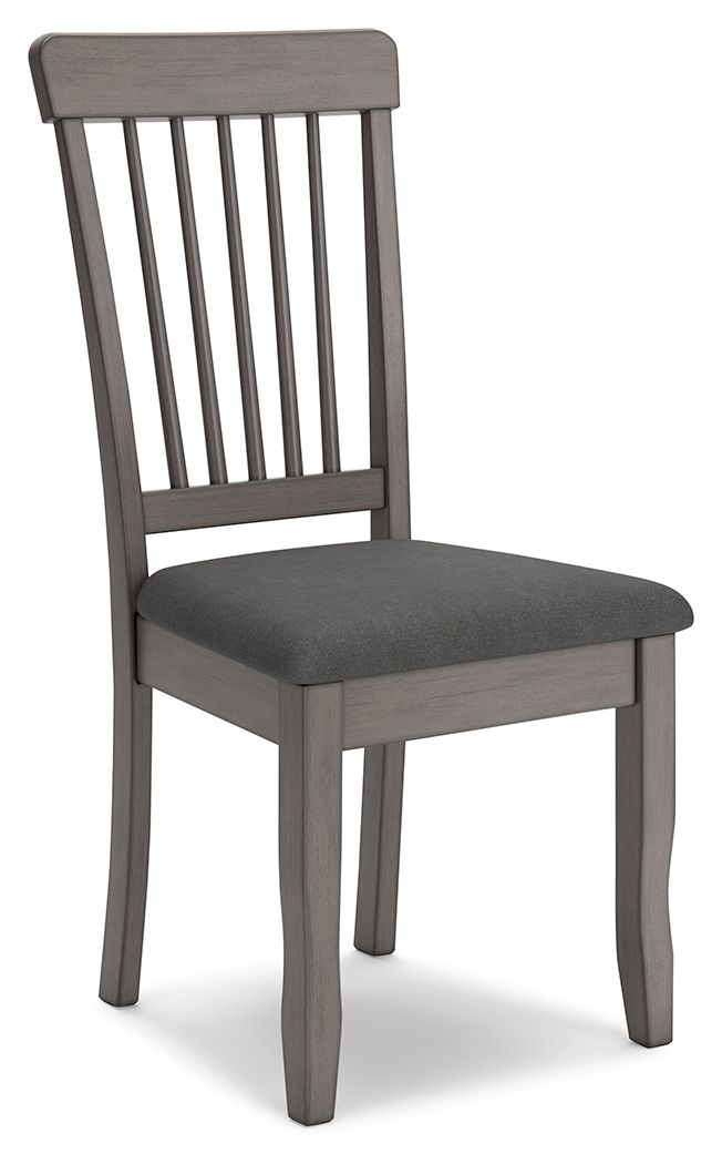 Gray dining room side chair with tall slat back and upholstered seat