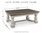 Rectangular cocktail table, gray top: 46.25in W x 32.25in D x 19in H