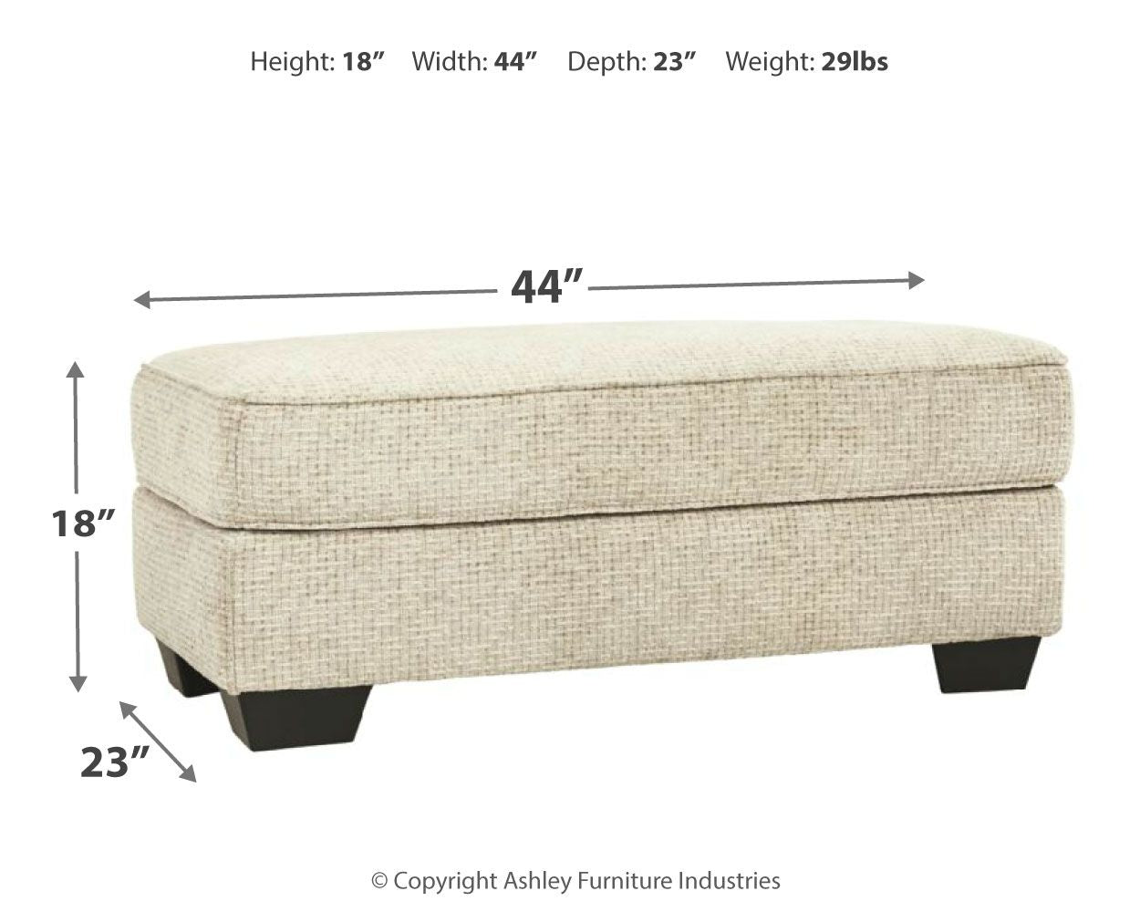 Sandstone ottoman, 44in wide, 23in deep, 18in high; cushioned top, dark legs