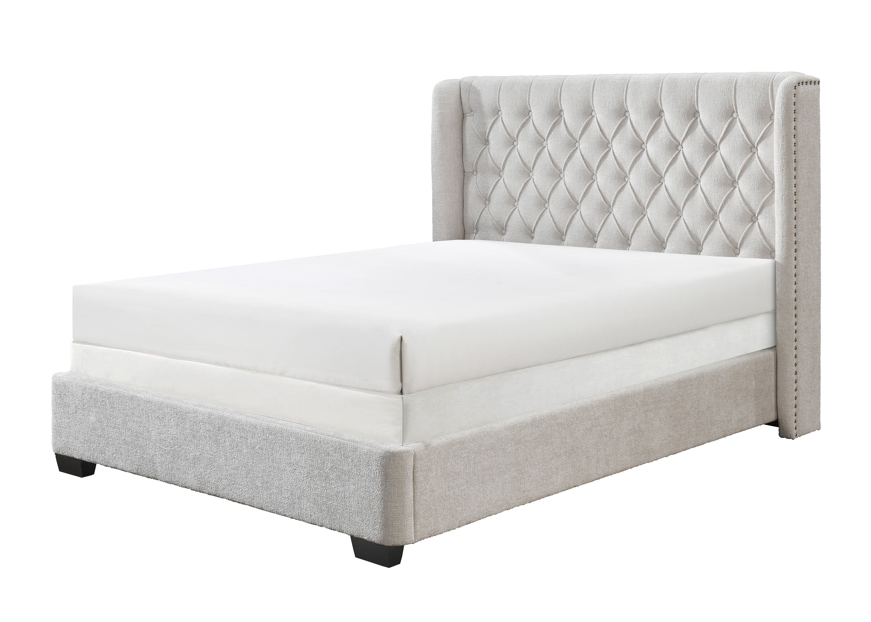 Contemporary Upholstered King Bed Frame - Tufted Winged Headboard Gray