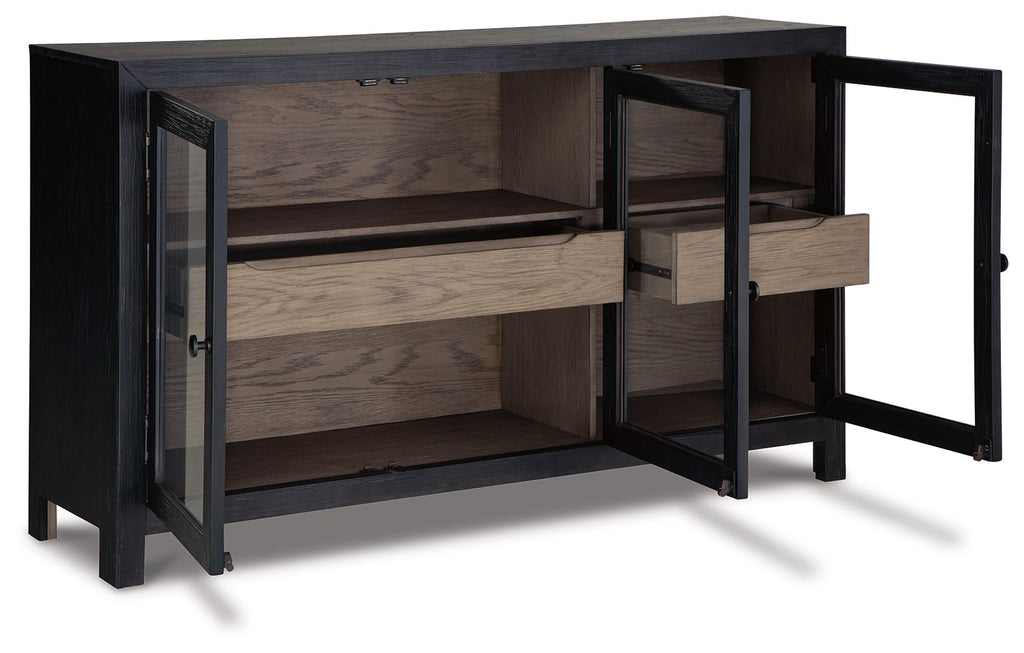 Dark gray accent cabinet with doors open, revealing interior shelves and storage cubbies
