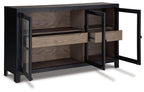 Dark gray accent cabinet with doors open, revealing interior shelves and storage cubbies