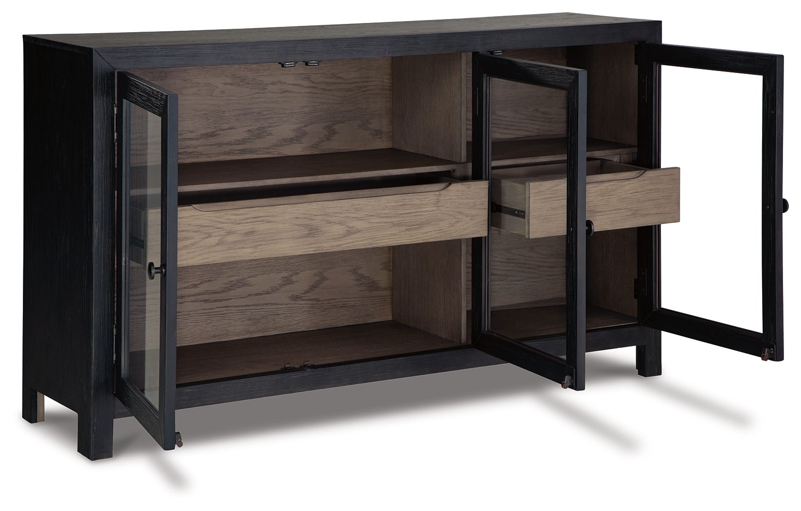 Dark gray accent cabinet with doors open, revealing interior shelves and storage cubbies