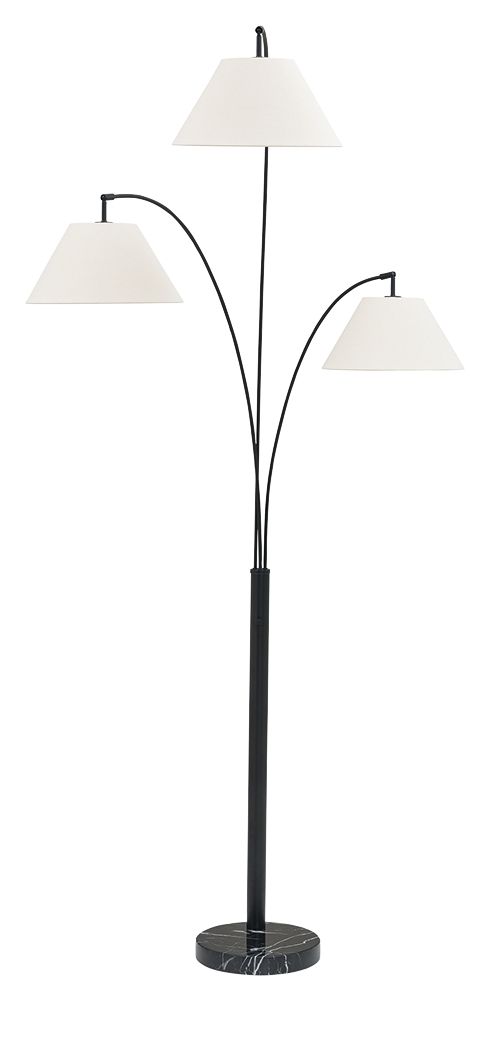 Gibbswellner black metal arc floor lamp with three white fabric shades
