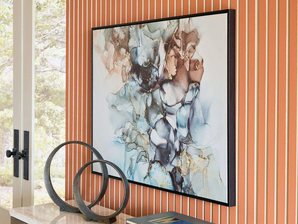 Framed abstract wall art print with blue, beige, and brown marbling