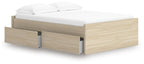 Light brown platform bed with front drawer storage and exposed side panels