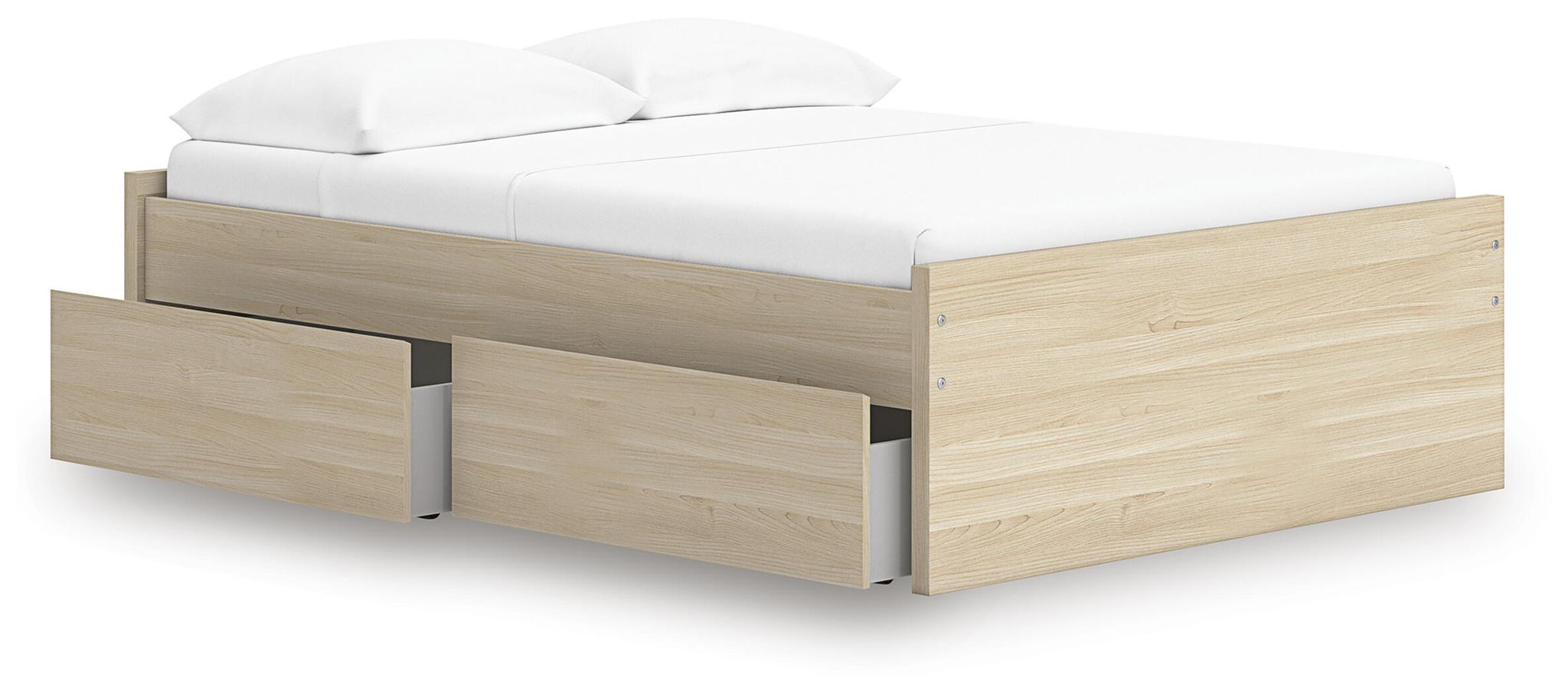 Light brown platform bed with front drawer storage and exposed side panels