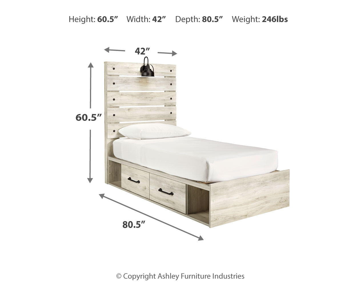 Beige panel bed with side drawers and light upholstered mattress