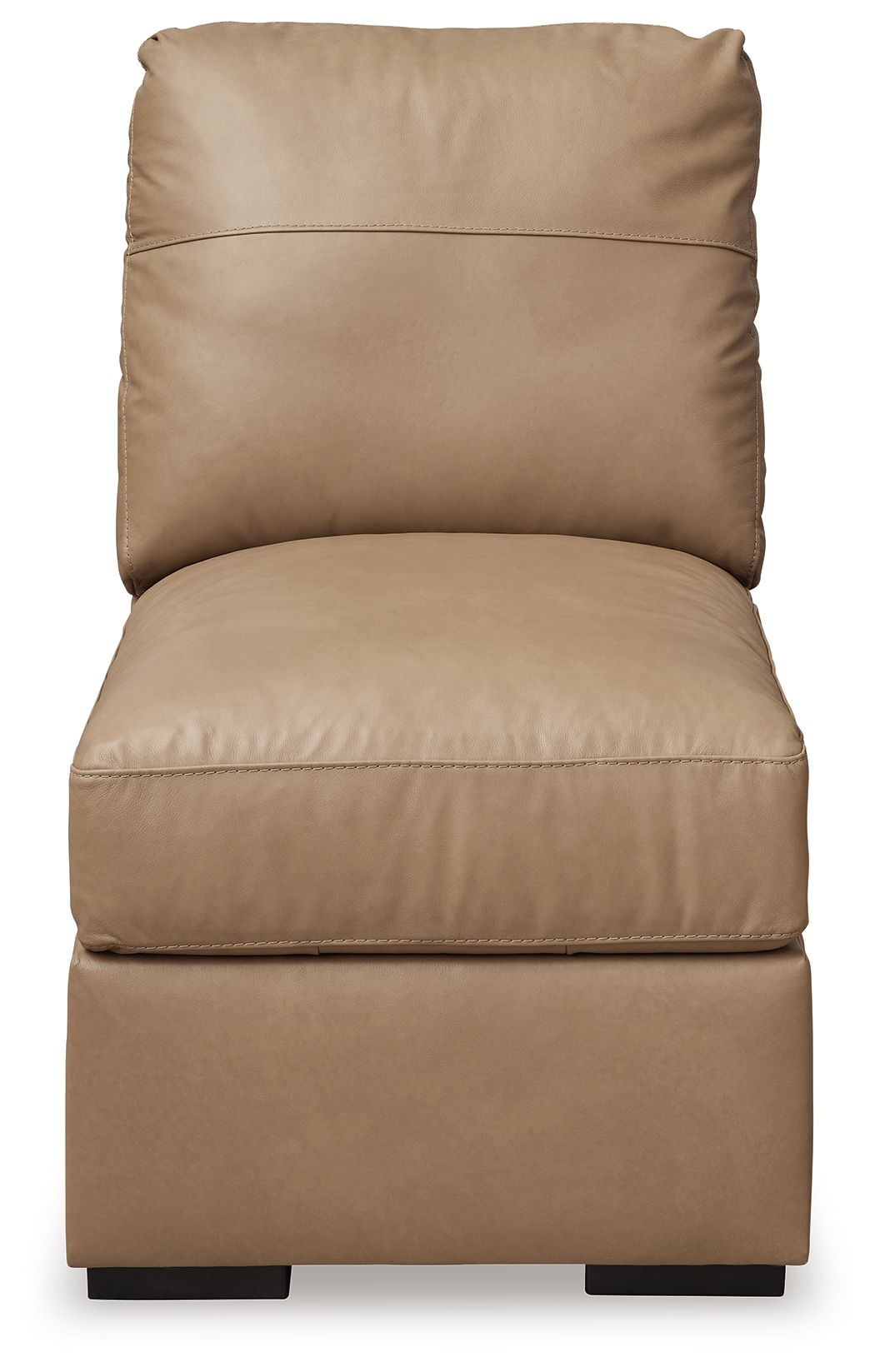 Toffee armless chair with tall backrest, plush seat cushion, visible seams, black base