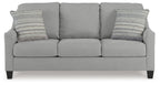 Gray fabric sofa with rolled arms, three seat cushions, and two striped back pillows
