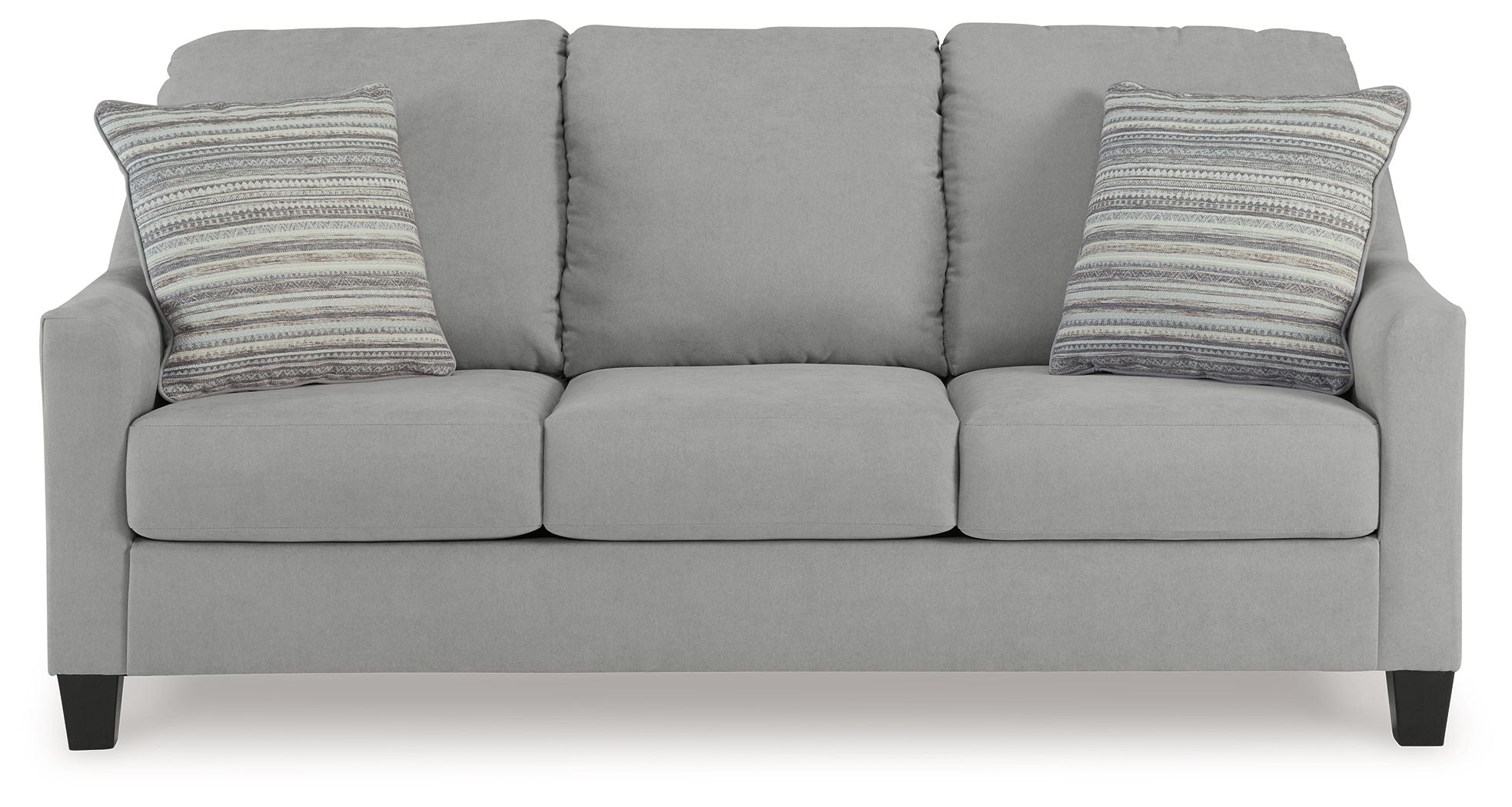Gray fabric sofa with rolled arms, three seat cushions, and two striped back pillows