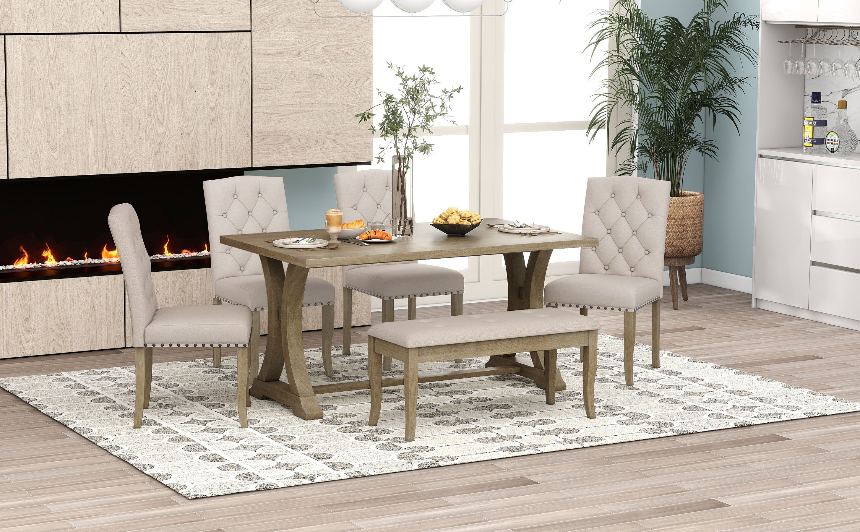 6-Pc Farmhouse Dining Set (Natural Wood)