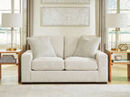 Linen loveseat with three back pillows and two seat cushions