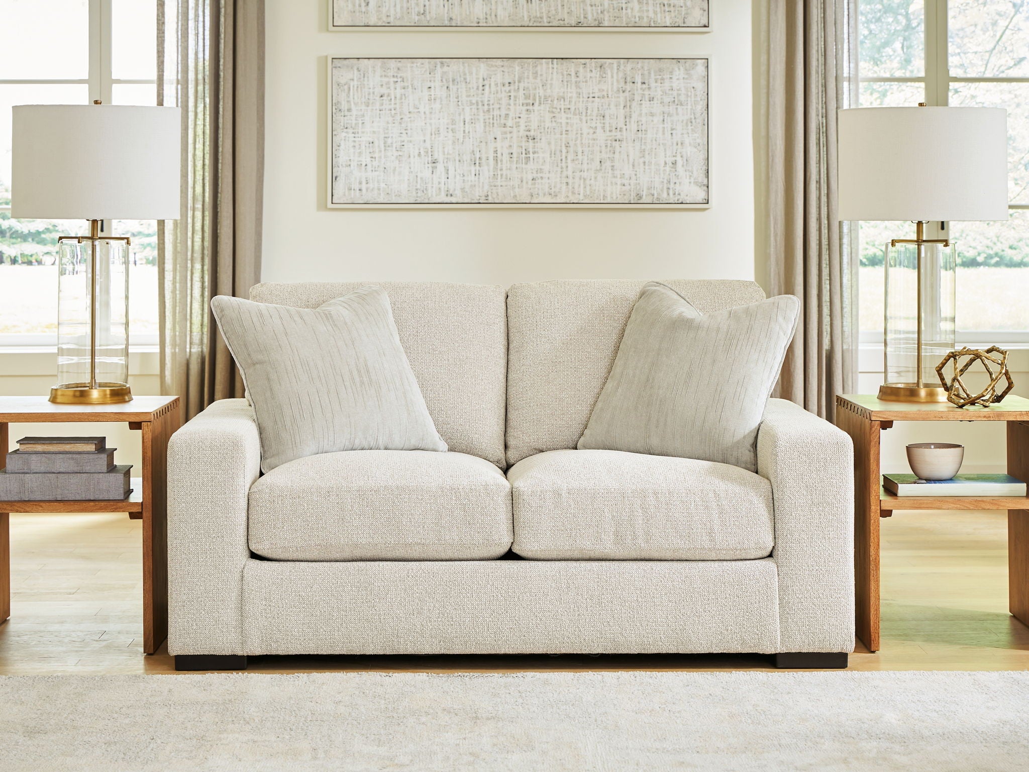 Linen loveseat with three back pillows and two seat cushions
