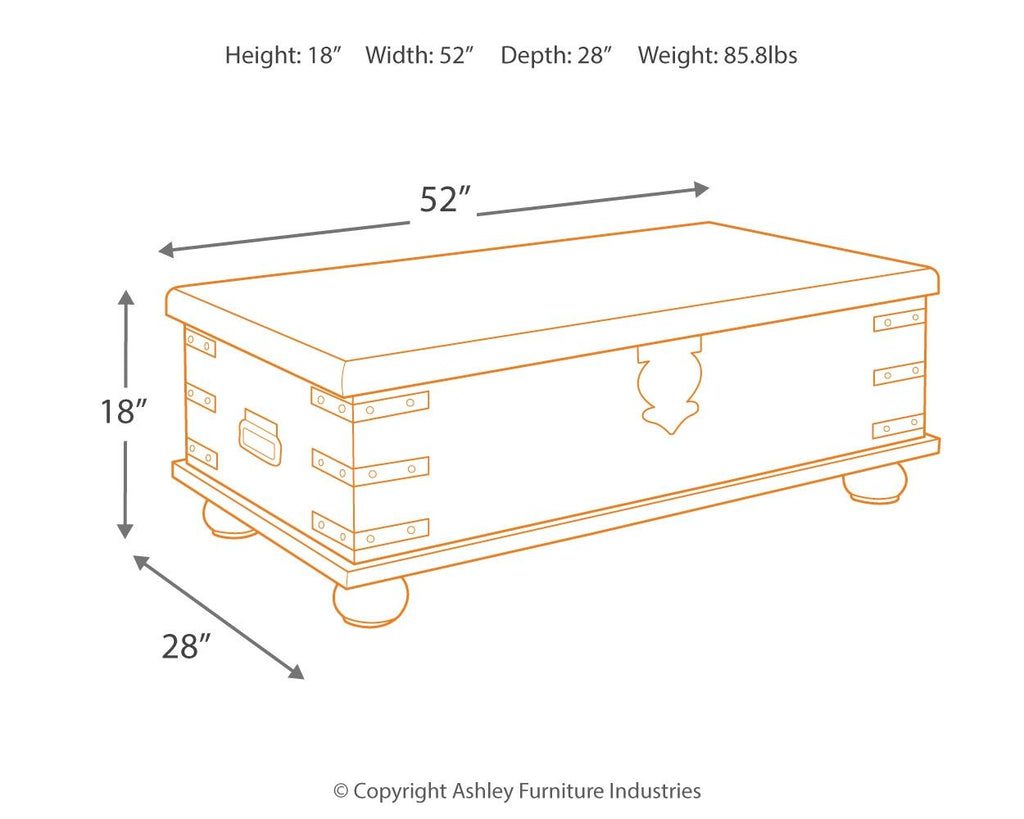 Lift-top cocktail table dimensions diagram, 52in wide, 18in high, 28in deep