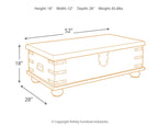 Lift-top cocktail table dimensions diagram, 52in wide, 18in high, 28in deep