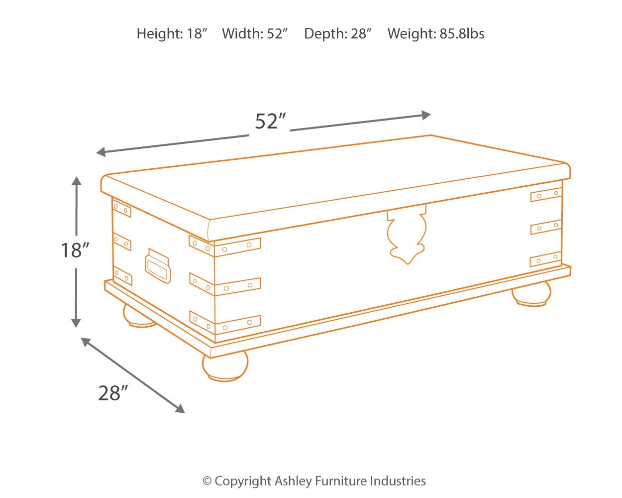 Lift-top cocktail table dimensions diagram, 52in wide, 18in high, 28in deep