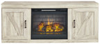 Beige entertainment center TV stand with glass-front electric fireplace insert