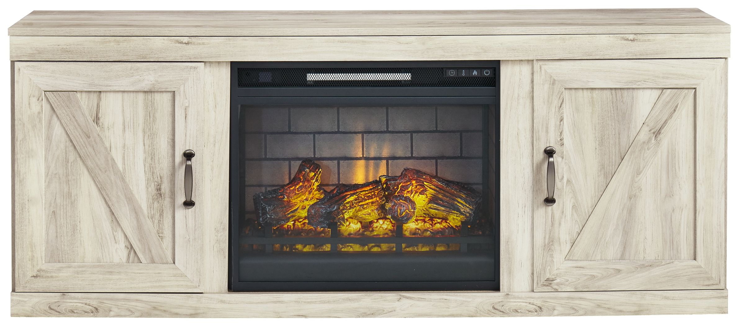 Beige entertainment center TV stand with glass-front electric fireplace insert