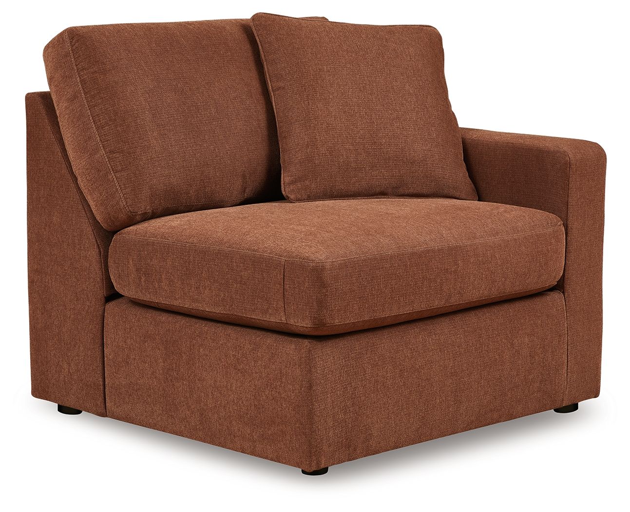 Spice brown upholstered corner chair with two back cushions and padded armrest