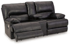 Dark power reclining loveseat with console and adjustable headrests