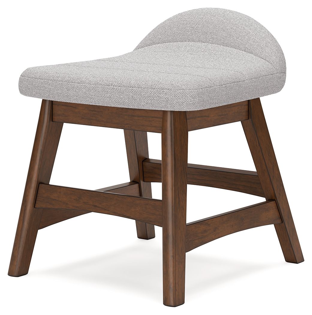 Light gray upholstered home office desk chair with curved cushioned seat and back