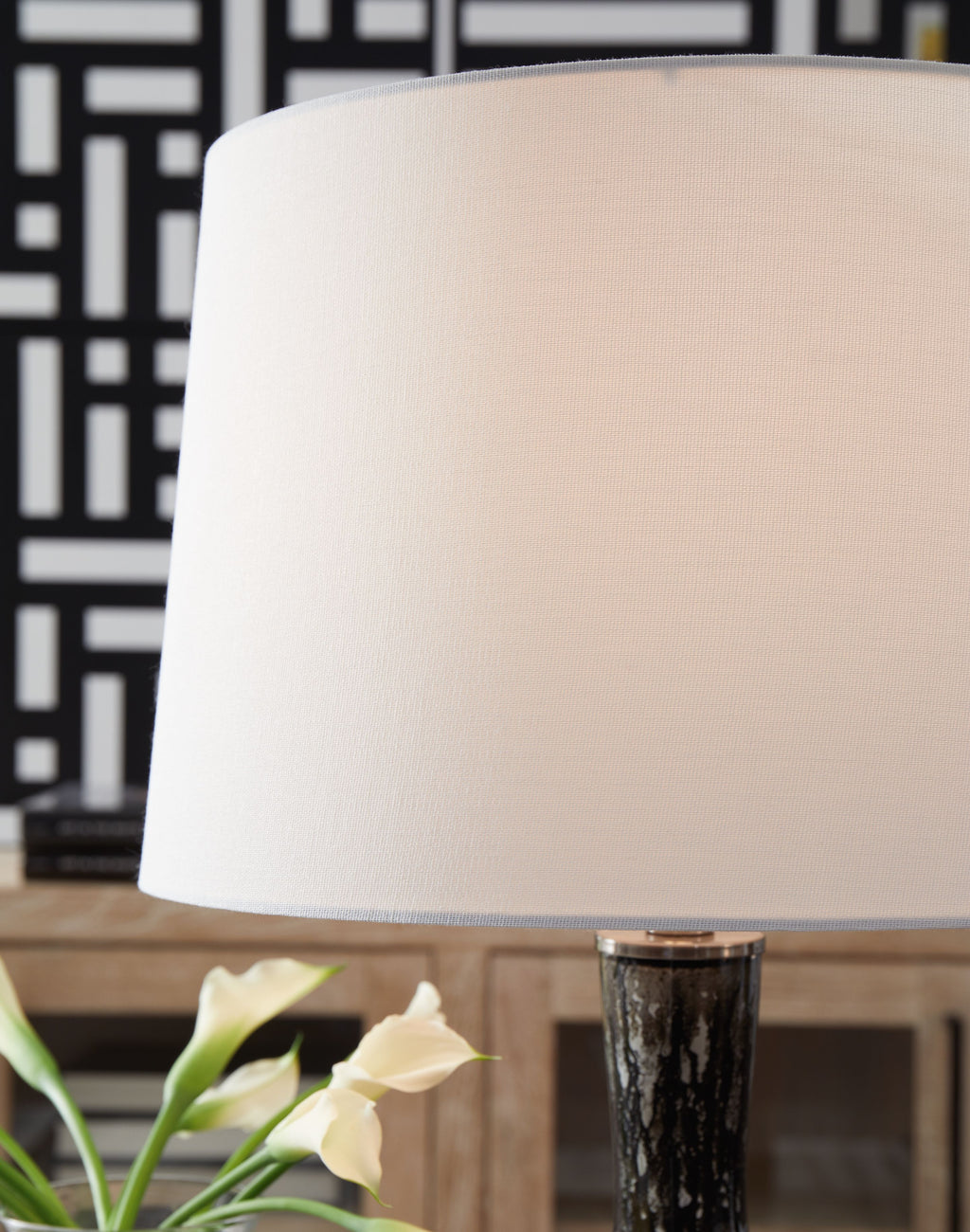 Glass table lamp shade with dark speckled glass base, antique black finish