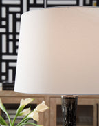 Glass table lamp shade with dark speckled glass base, antique black finish