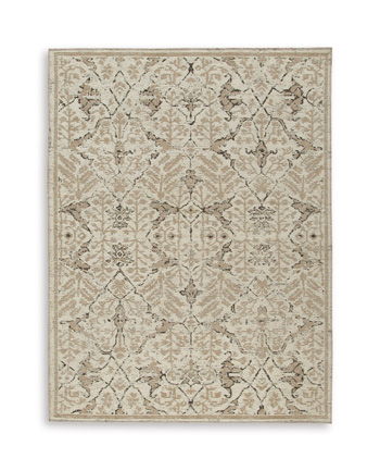 Light brown vintage-style patterned area rug with ornate damask motifs and border