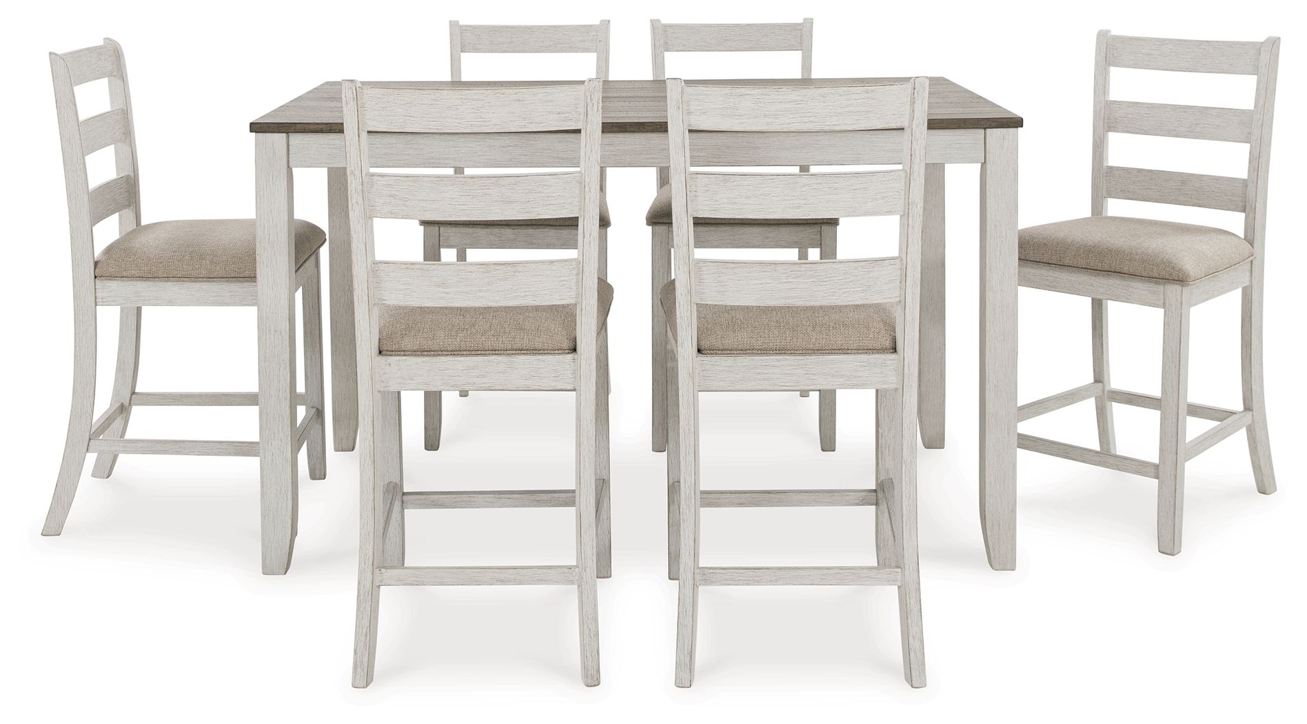 White counter-height dining table with light brown top and six bar stools with beige seats