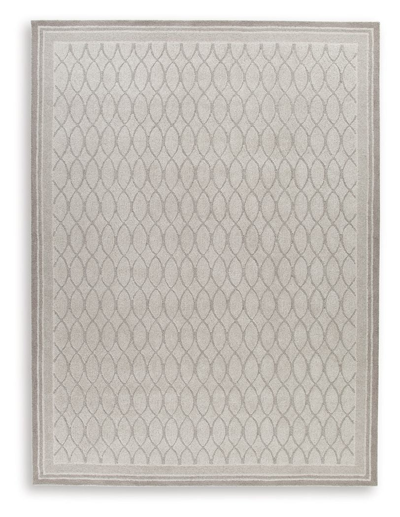 Gray rug with geometric trellis pattern and framed border
