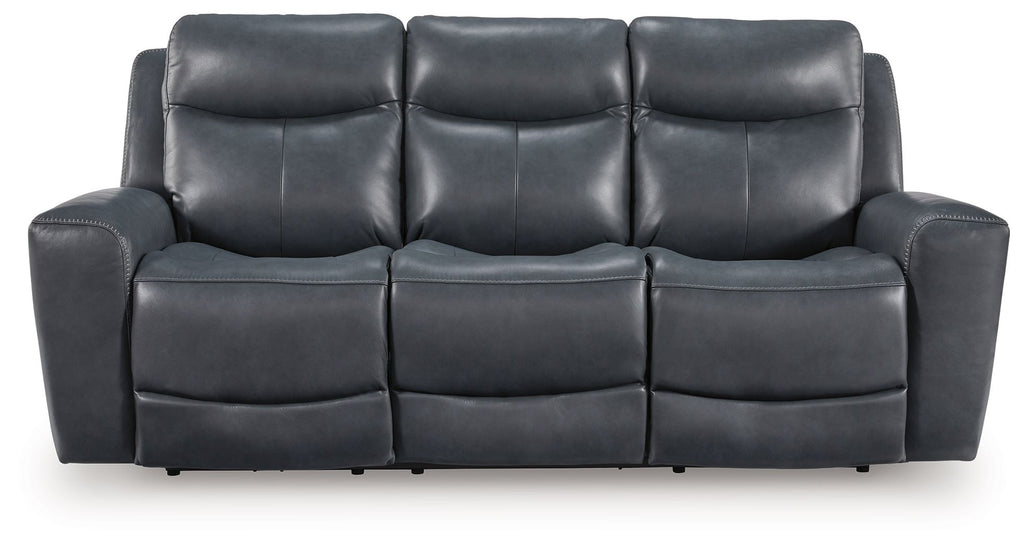 Dark gray power reclining sofa with three seats and padded headrests