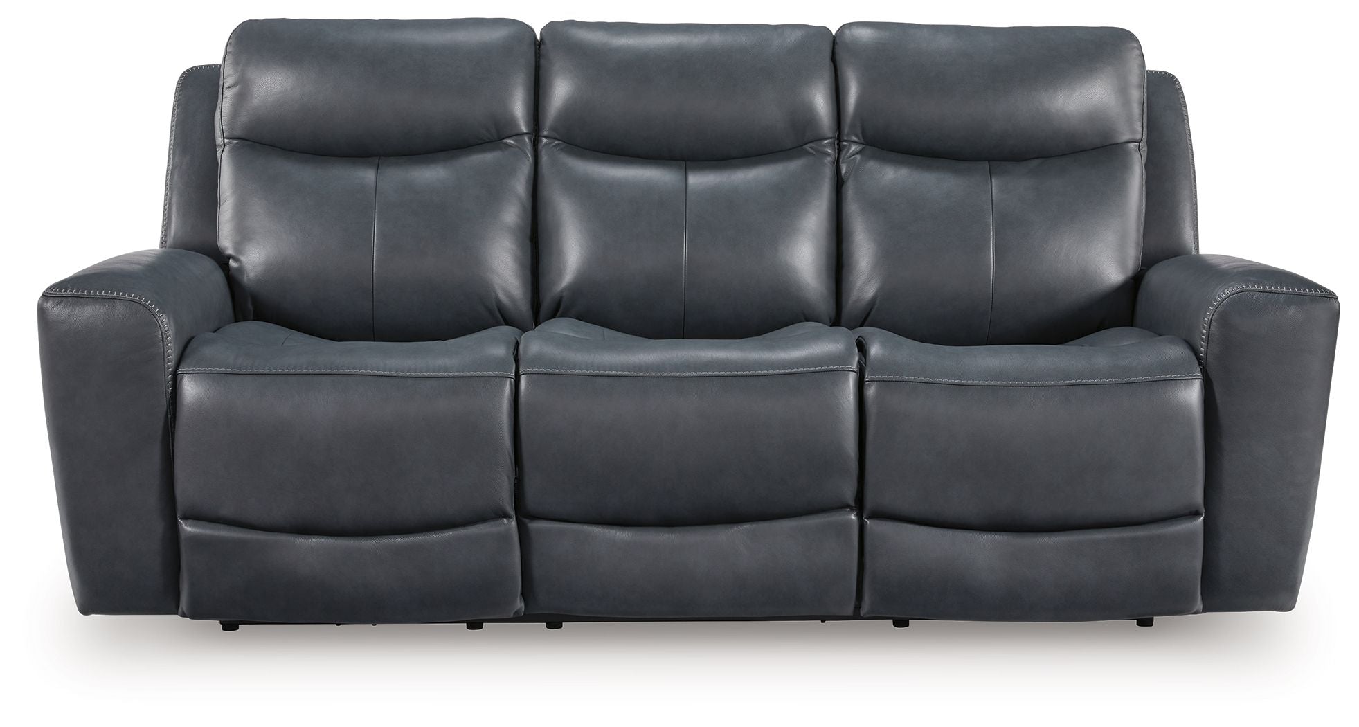 Dark gray power reclining sofa with three seats and padded headrests