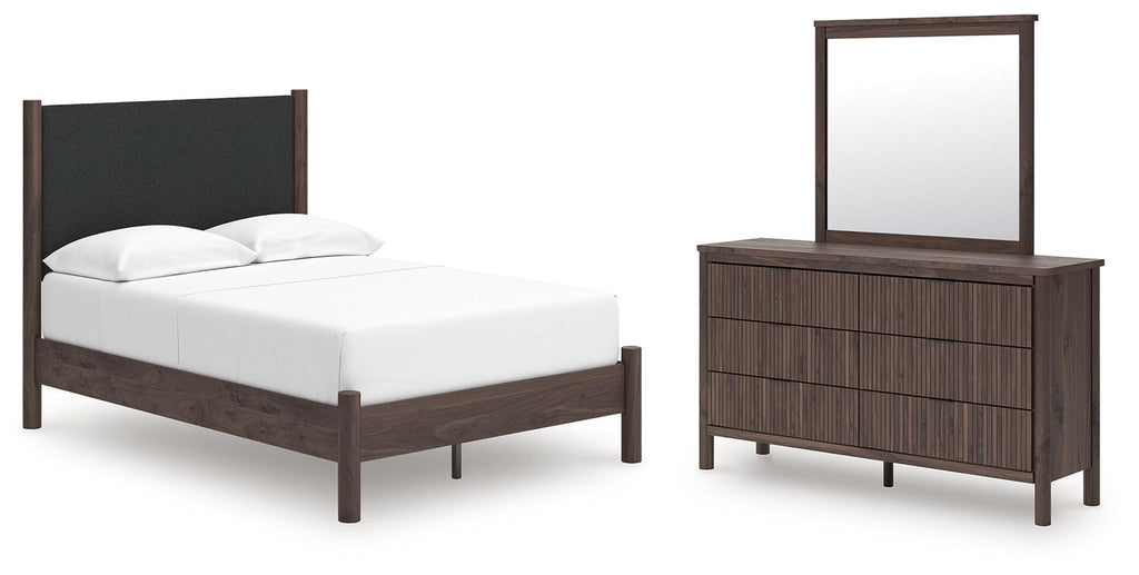 Upholstered platform bedroom set: dark brown bed and dresser with mirror