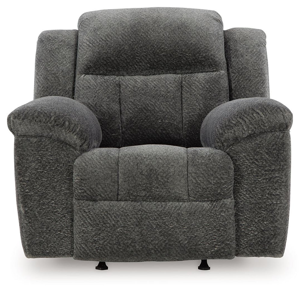 Graphite fabric rocker recliner chair with tufted seat and contoured back