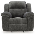 Graphite fabric rocker recliner chair with tufted seat and contoured back