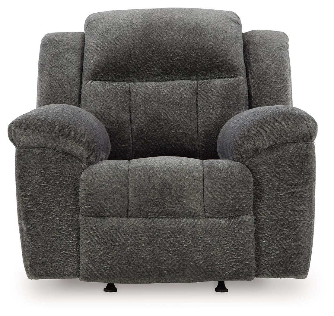 Graphite fabric rocker recliner chair with tufted seat and contoured back