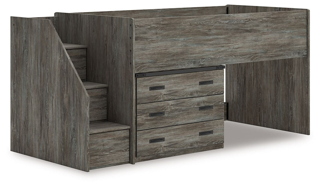 Gray loft bed with storage steps and stacked drawer storage along the front