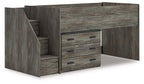 Gray loft bed with storage steps and stacked drawer storage along the front