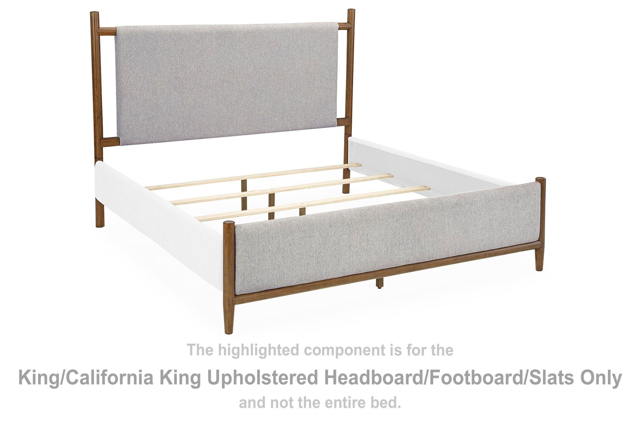Gray upholstered headboard and footboard with wooden frame and bed slats