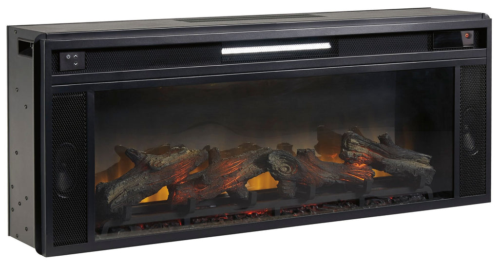 Rectangular black fireplace insert from side view, vented speaker-like mesh and glass front