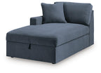 Ink blue corner chaise with storage, tufted seat, two back cushions