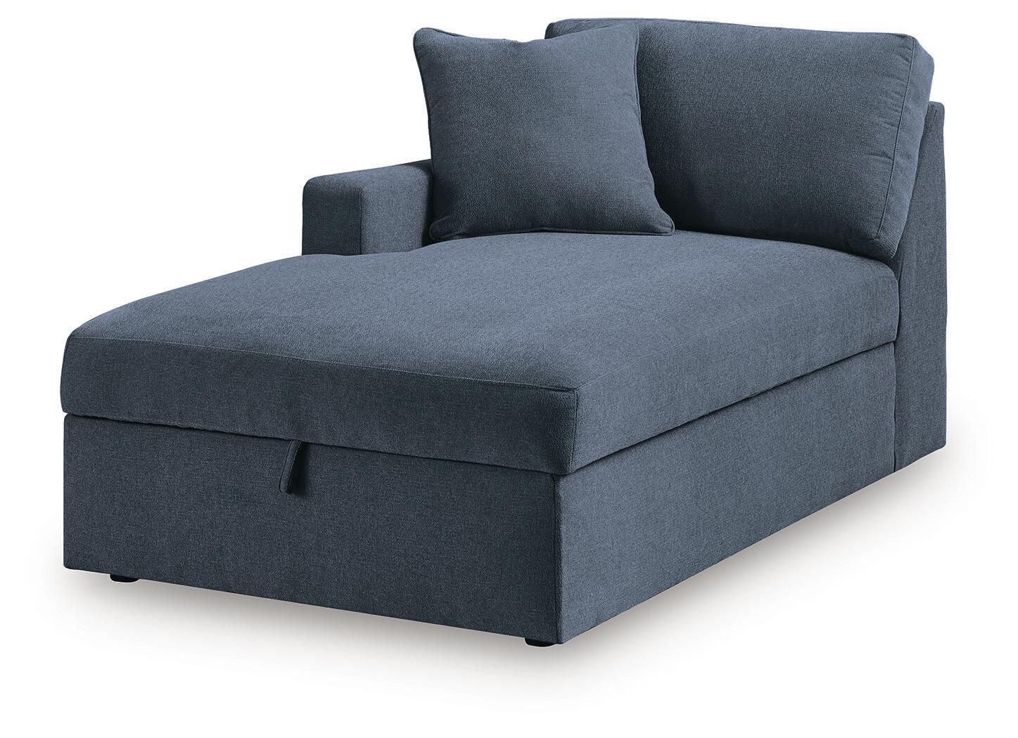 Ink blue corner chaise with storage, tufted seat, two back cushions