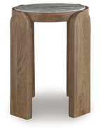 Round accent table with gray stone top and sturdy brown wood sides and legs.
