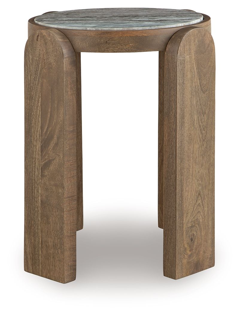 Round accent table with gray stone top and sturdy brown wood sides and legs.