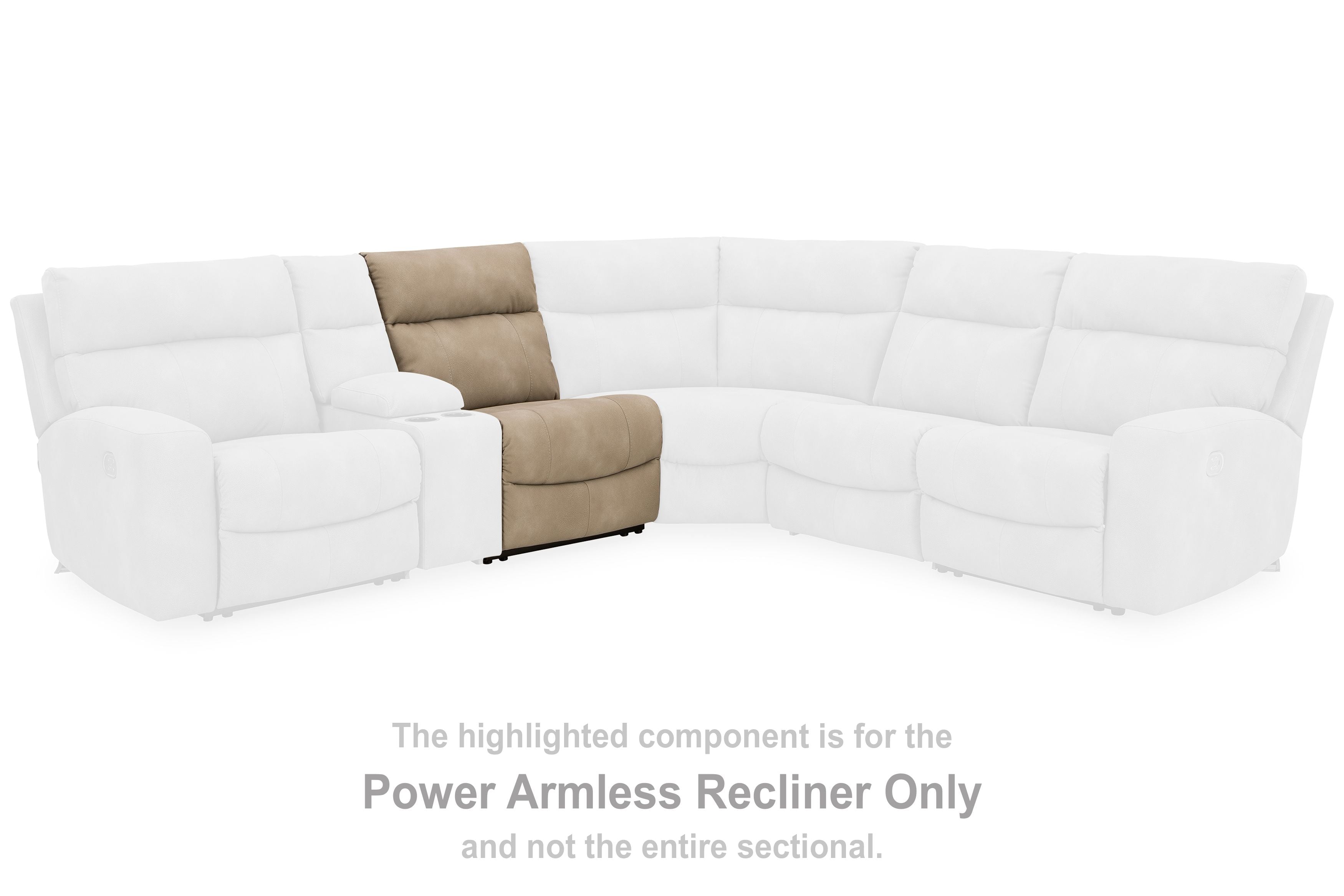 Sand power armless recliner highlighted on sectional seat, no arms