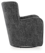 Dark gray swivel glider accent chair in side view with rounded arms and circular swivel base